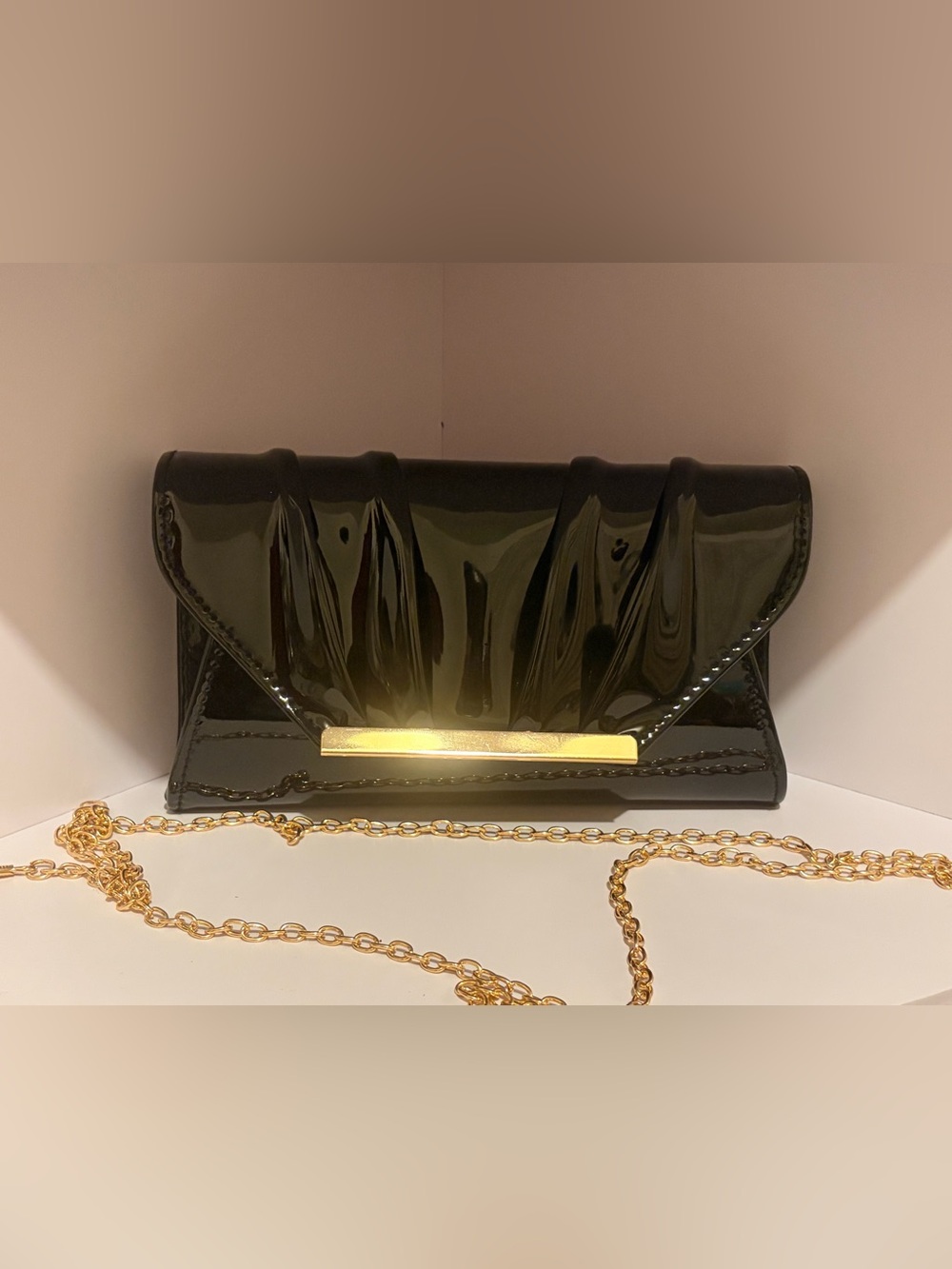 Black Patent Clutch with Gold Chain